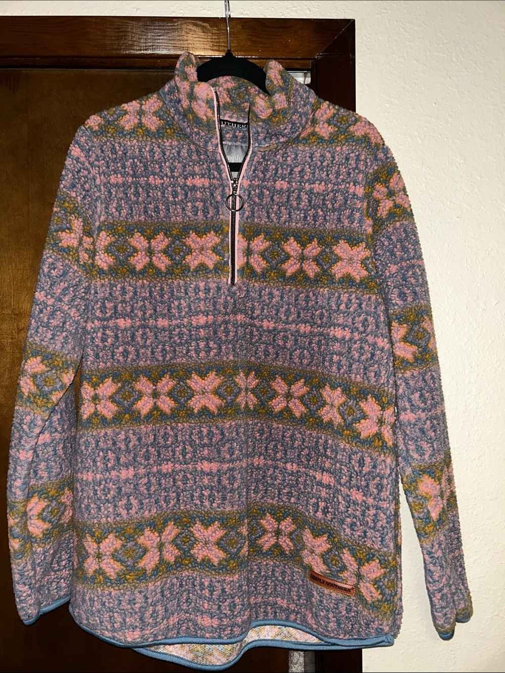 Simply Southern Pink and Blue Patterned 1/4 Zip Pullover Sweatshirt- Large